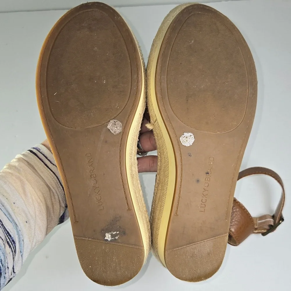 Lucky Brand Joodith Leather Espadrille Platform Wedge Sandals Brown Women 6.5